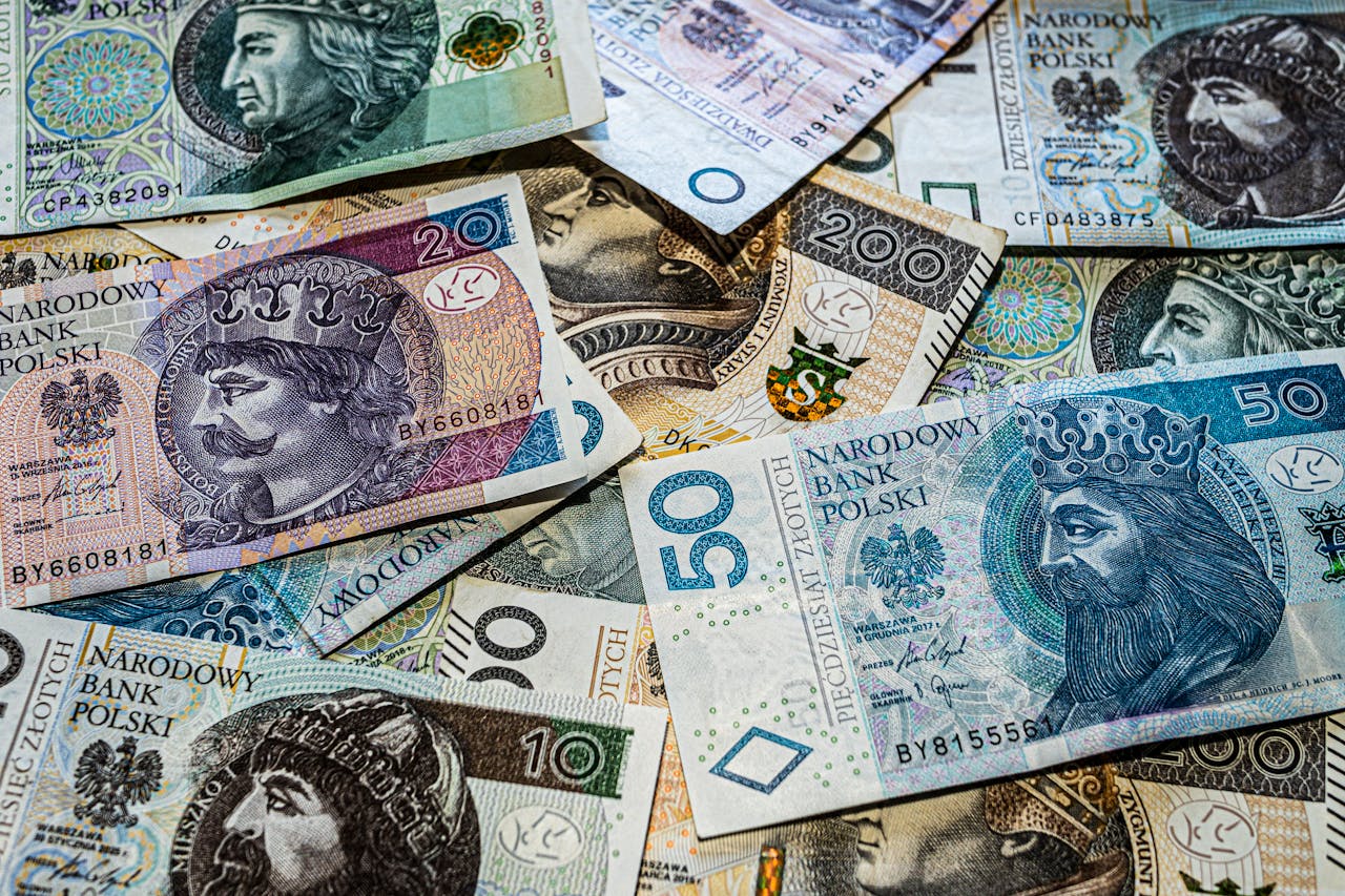 Close-up view of various Polish Zloty banknotes showcasing intricate designs.